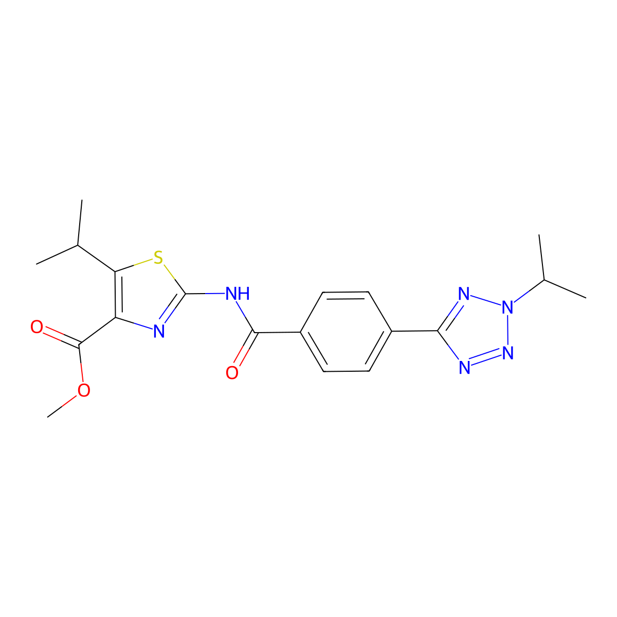 methyl 5-(propan-2-yl)-2-[({4-[2-(propan-2-yl)-2H-tetrazol-5-yl]phenyl}carbonyl)amino]-1,3-thiazole-4-carboxylate molecular structure, CAS 1574493-62-1