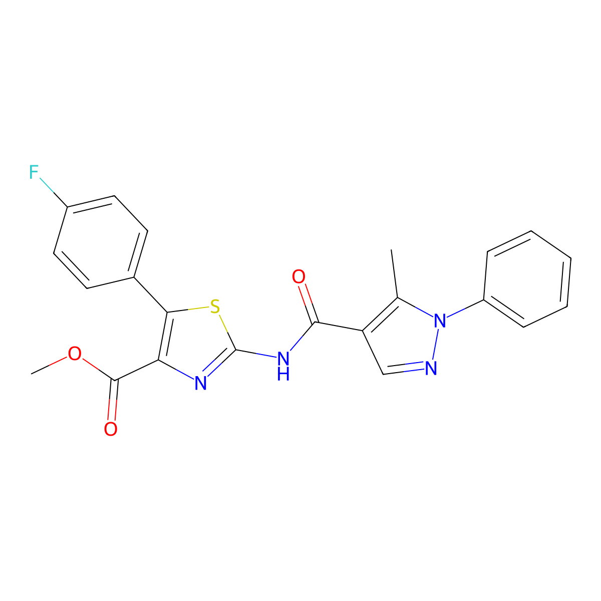 methyl 5-(4-fluorophenyl)-2-{[(5-methyl-1-phenyl-1H-pyrazol-4-yl)carbonyl]amino}-1,3-thiazole-4-carboxylate molecular structure, CAS 1574493-64-3