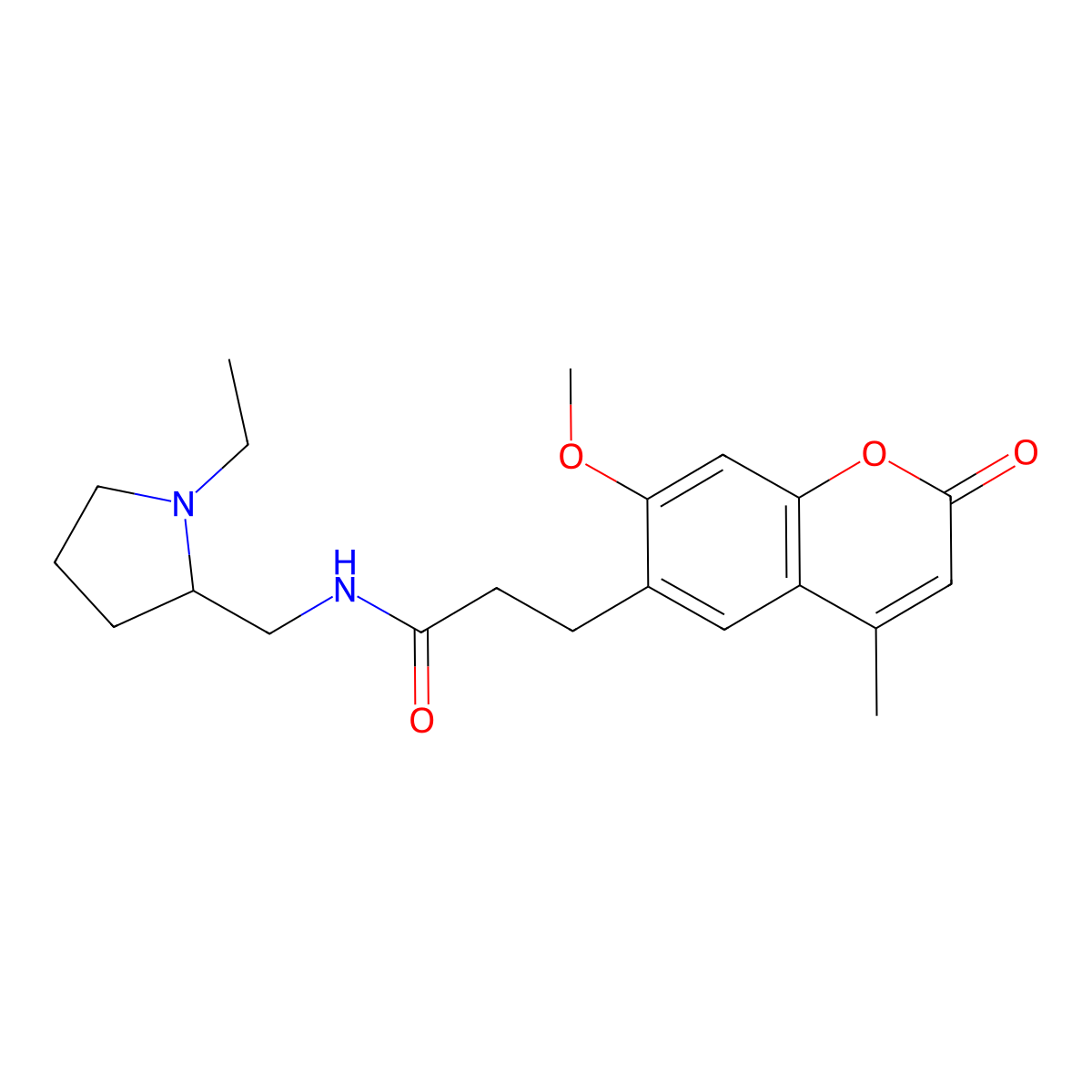 N-[(1-ethylpyrrolidin-2-yl)methyl]-3-(7-methoxy-4-methyl-2-oxo-2H-chromen-6-yl)propanamide molecular structure, CAS 1574494-20-4