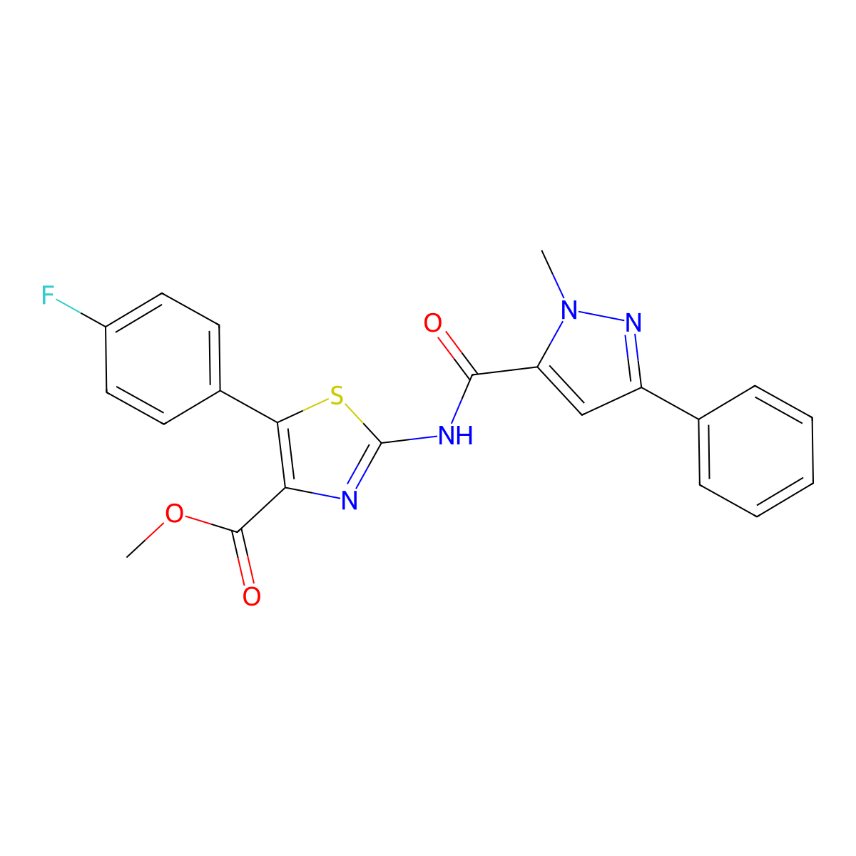 methyl 5-(4-fluorophenyl)-2-{[(1-methyl-3-phenyl-1H-pyrazol-5-yl)carbonyl]amino}-1,3-thiazole-4-carboxylate molecular structure, CAS 1574494-70-4