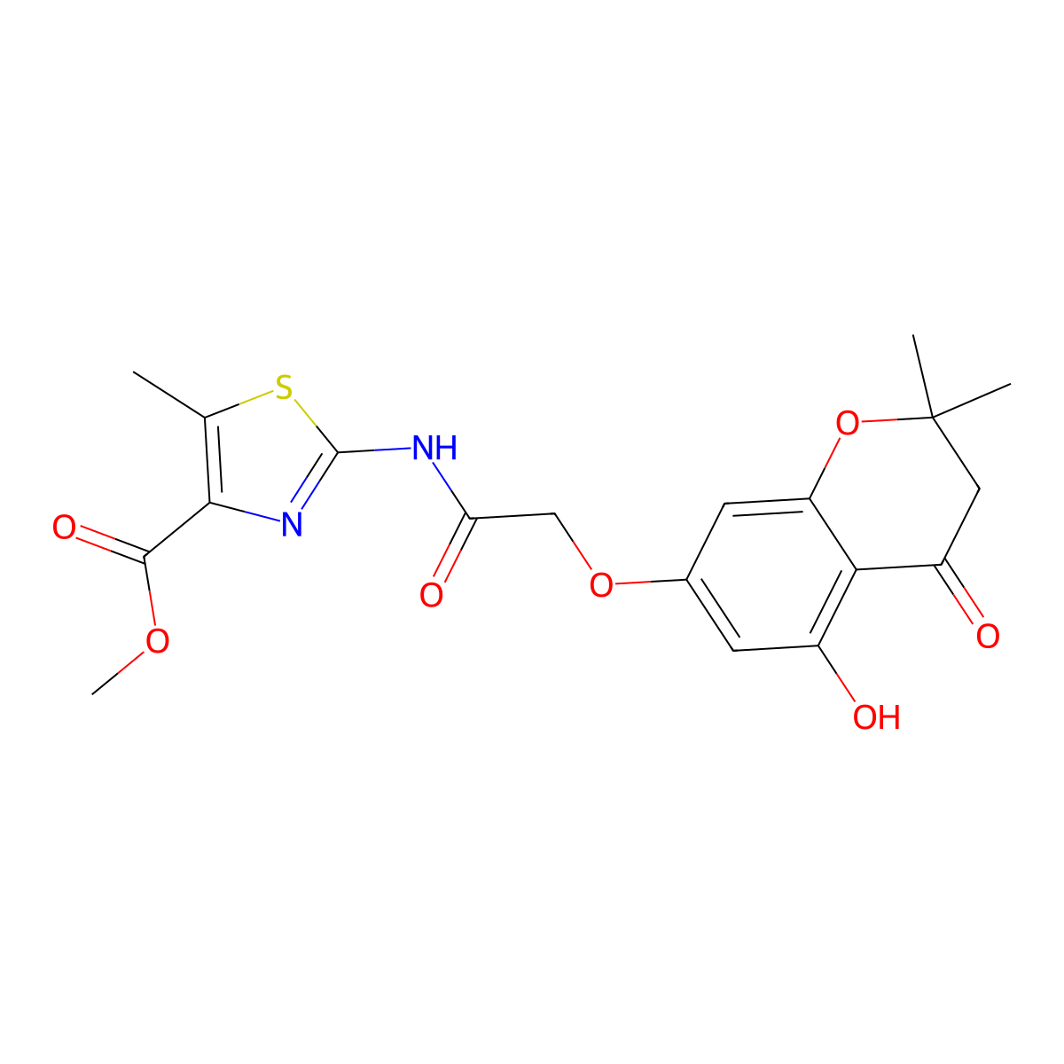 methyl 2-({[(5-hydroxy-2,2-dimethyl-4-oxo-3,4-dihydro-2H-chromen-7-yl)oxy]acetyl}amino)-5-methyl-1,3-thiazole-4-carboxylate molecular structure, CAS 1574494-84-0