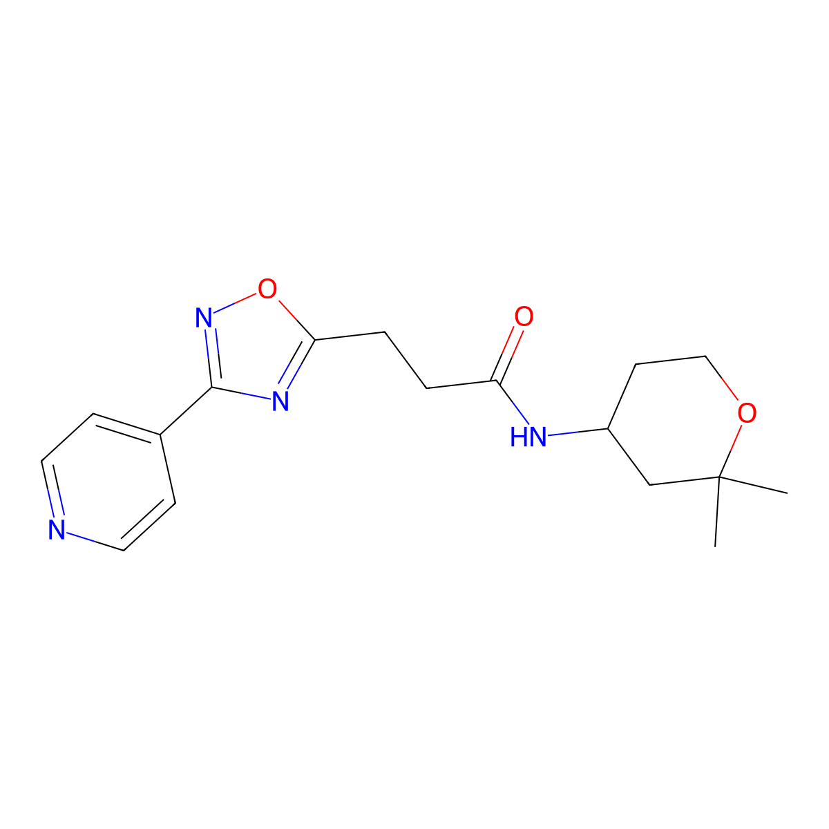 N-(2,2-dimethyltetrahydro-2H-pyran-4-yl)-3-[3-(pyridin-4-yl)-1,2,4-oxadiazol-5-yl]propanamide molecular structure, CAS 1574494-95-3