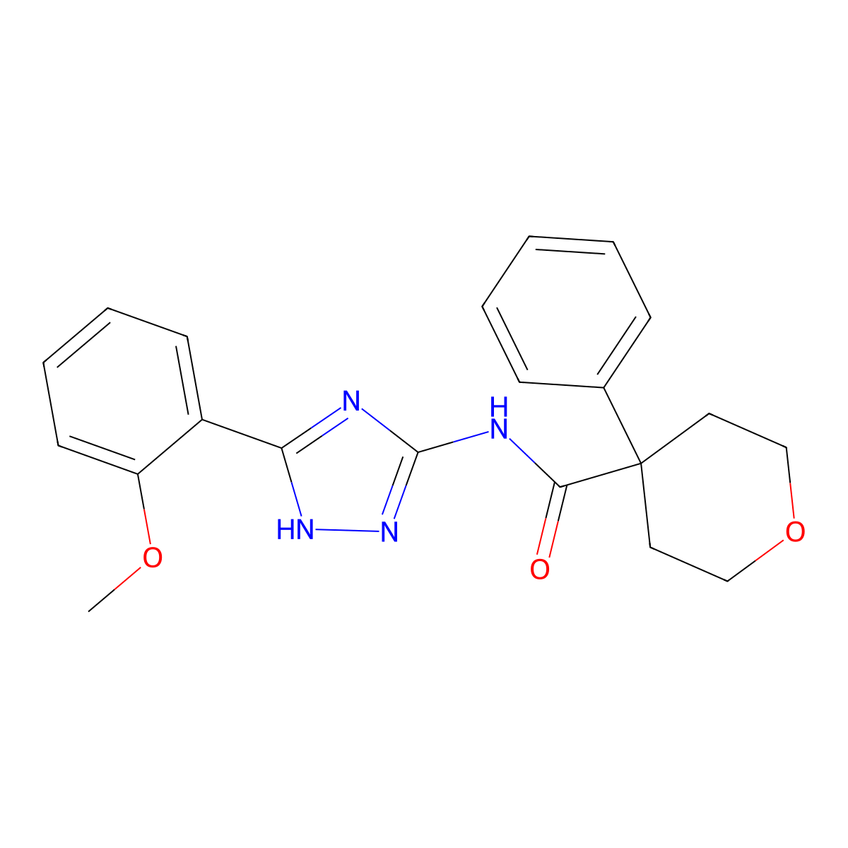 N-[3-(2-methoxyphenyl)-1H-1,2,4-triazol-5-yl]-4-phenyltetrahydro-2H-pyran-4-carboxamide molecular structure, CAS 1574494-97-5
