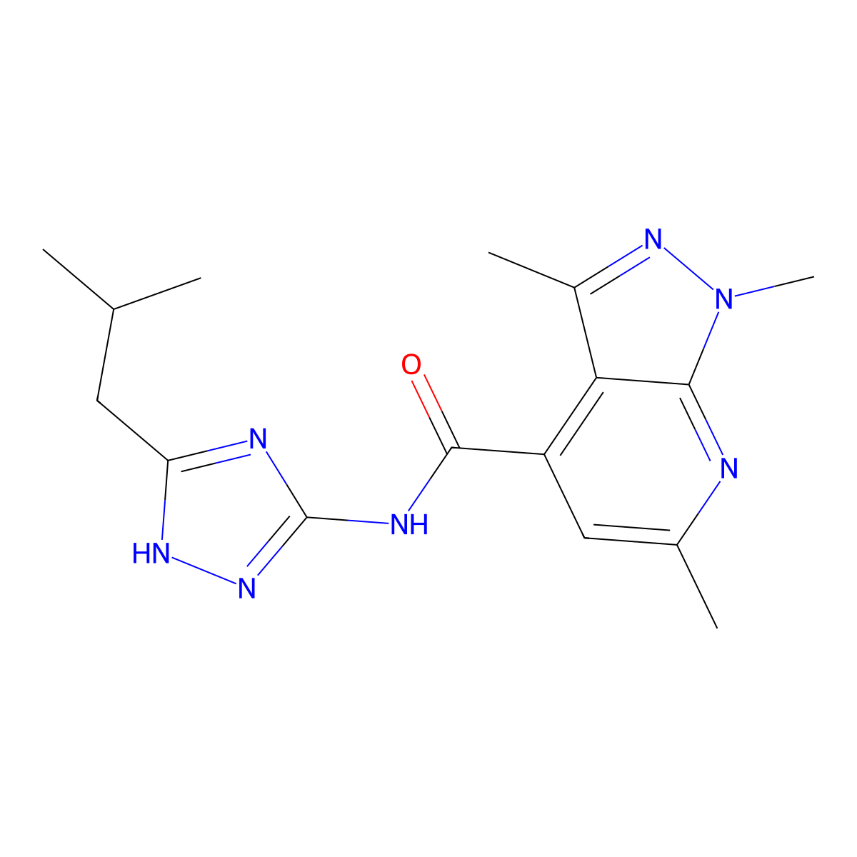 1,3,6-trimethyl-N-[3-(2-methylpropyl)-1H-1,2,4-triazol-5-yl]-1H-pyrazolo[3,4-b]pyridine-4-carboxamide molecular structure, CAS 1574495-54-7
