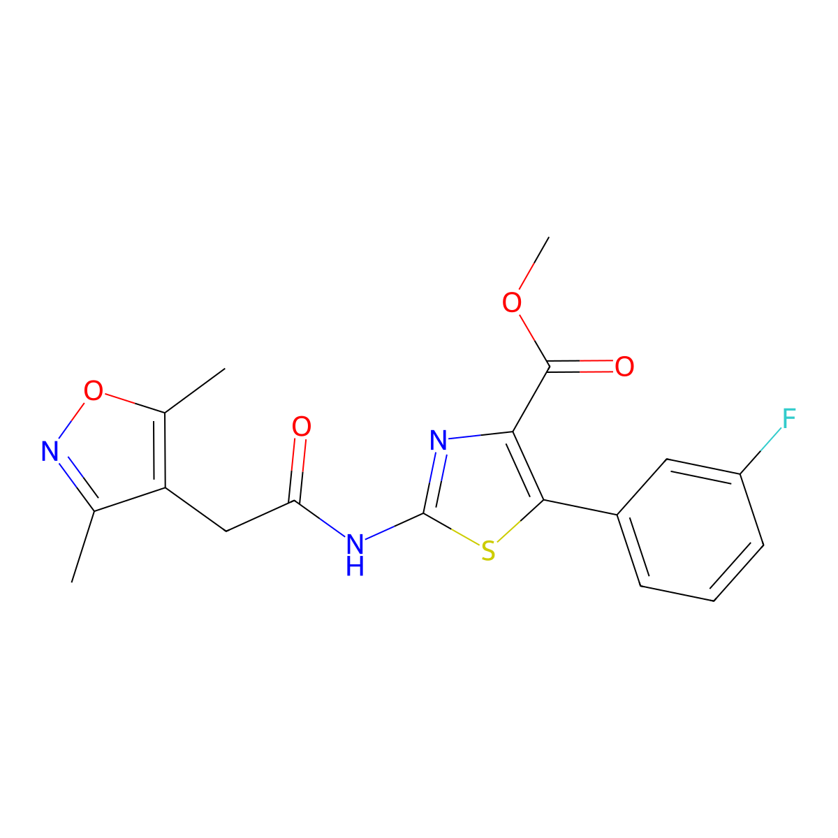 Methyl 2-{[(3,5-dimethyl-1,2-oxazol-4-yl)acetyl]amino}-5-(3-fluorophenyl)-1,3-thiazole-4-carboxylate molecular structure, CAS 1574495-66-1