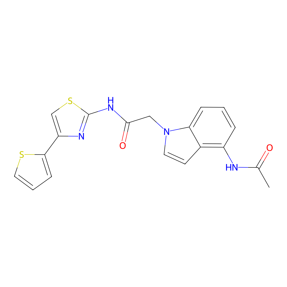 2-(4-acetamido-1H-indol-1-yl)-N-(4-(thiophen-2-yl)thiazol-2-yl)acetamide molecular structure, CAS 1574495-98-9
