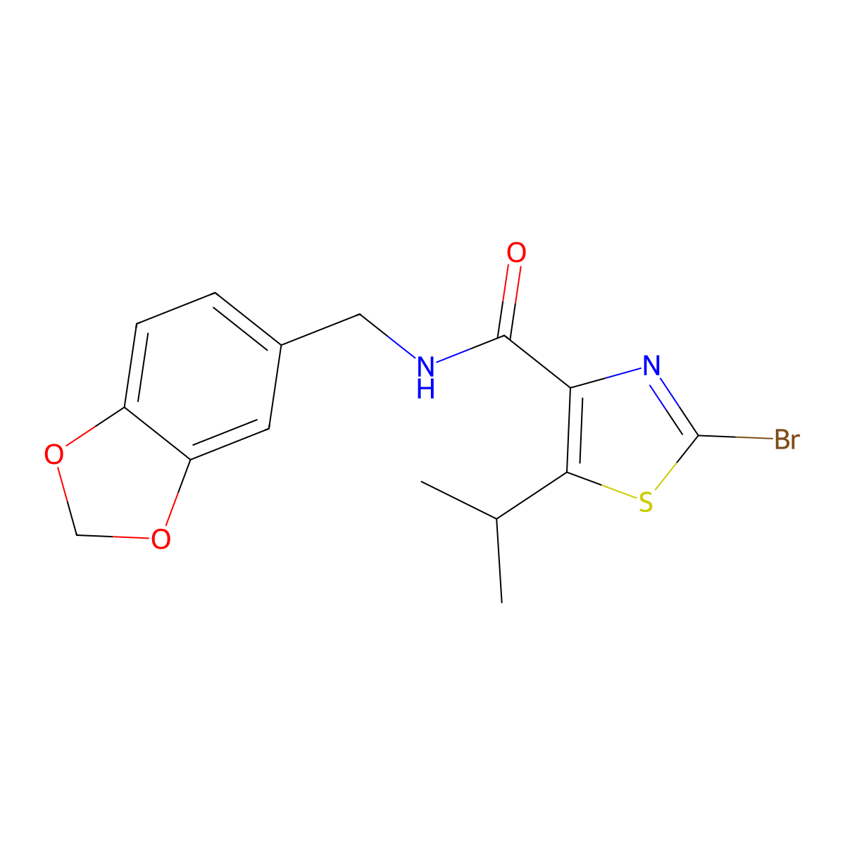 N-(1,3-benzodioxol-5-ylmethyl)-2-bromo-5-isopropyl-1,3-thiazole-4-carboxamide molecular structure, CAS 1574496-37-9