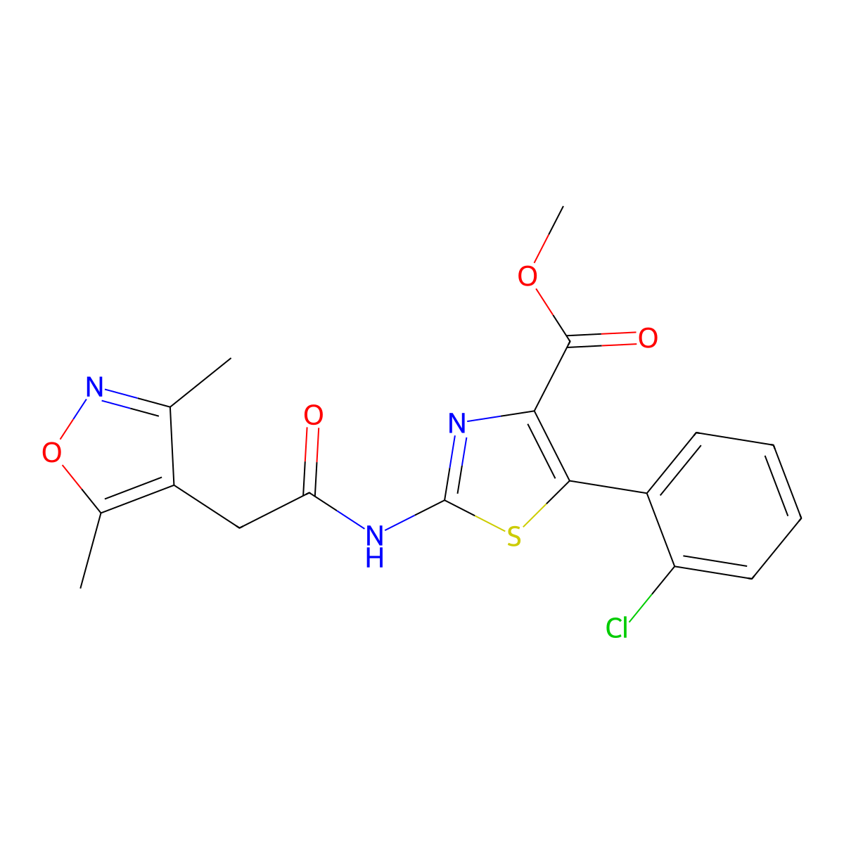 Methyl 5-(2-chlorophenyl)-2-{[(3,5-dimethyl-1,2-oxazol-4-yl)acetyl]amino}-1,3-thiazole-4-carboxylate molecular structure, CAS 1574514-06-9