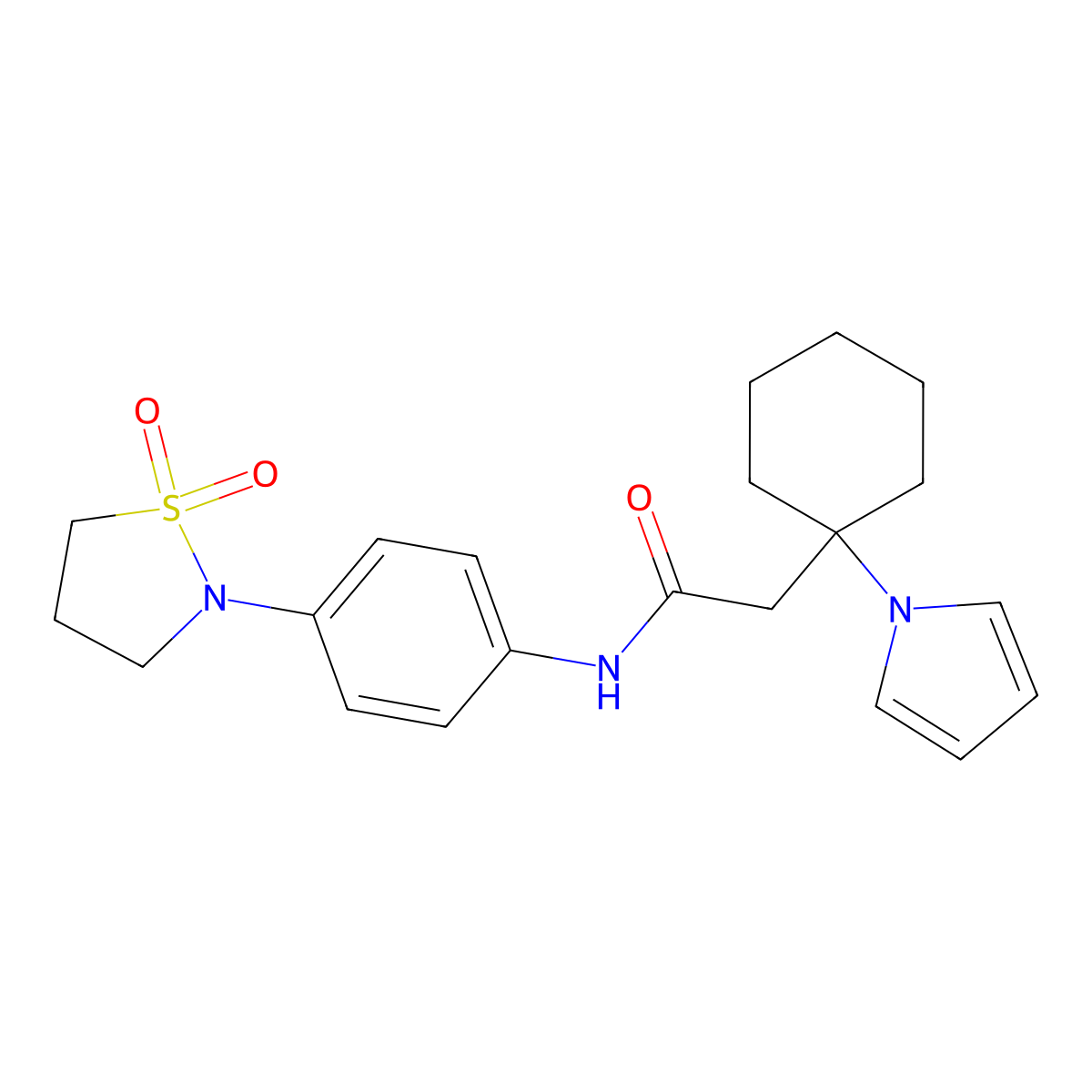 N-[4-(1,1-dioxido-1,2-thiazolidin-2-yl)phenyl]-2-[1-(1H-pyrrol-1-yl)cyclohexyl]acetamide molecular structure, CAS 1574514-44-5