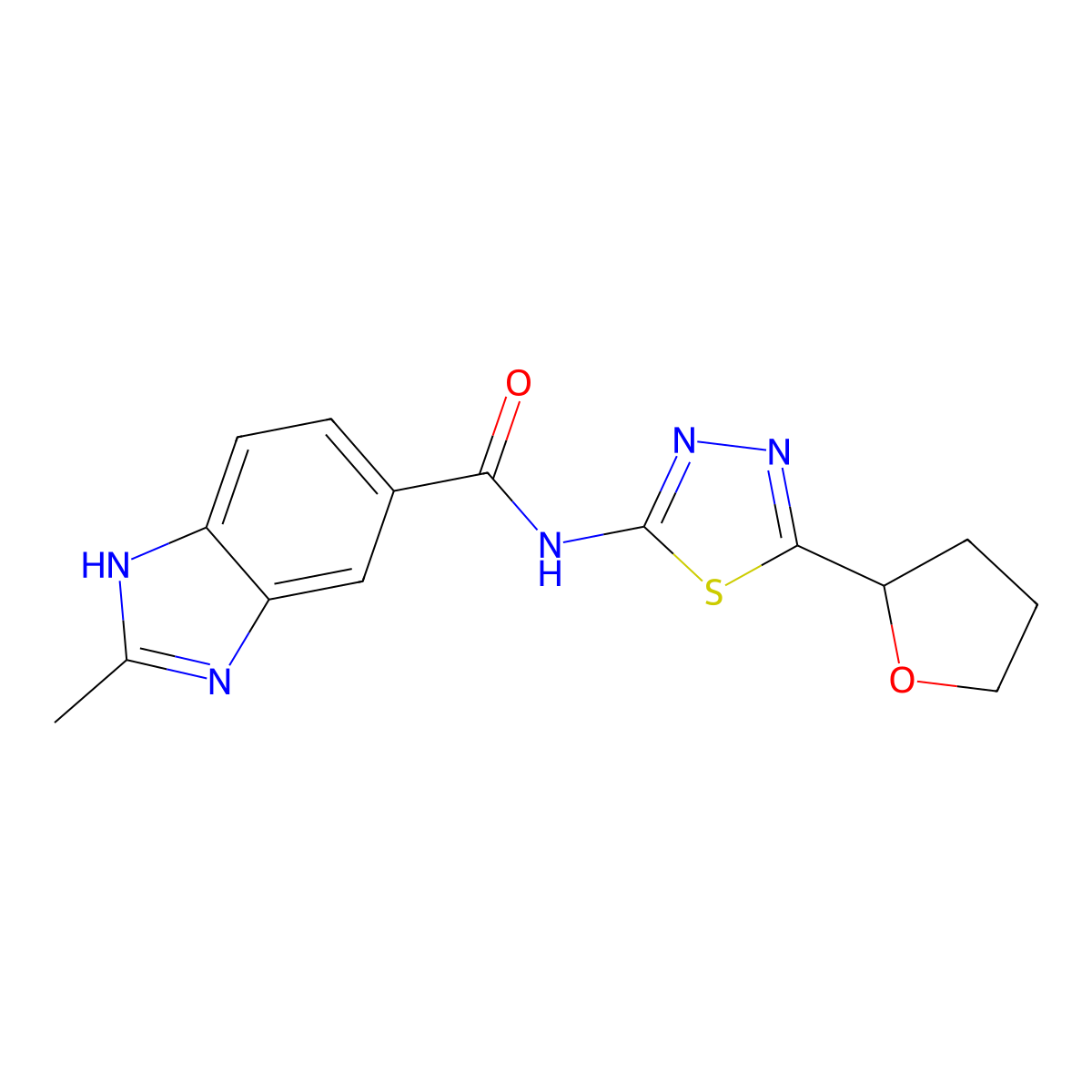 2-methyl-N-[5-(tetrahydrofuran-2-yl)-1,3,4-thiadiazol-2-yl]-1H-benzimidazole-5-carboxamide molecular structure, CAS 1574514-89-8