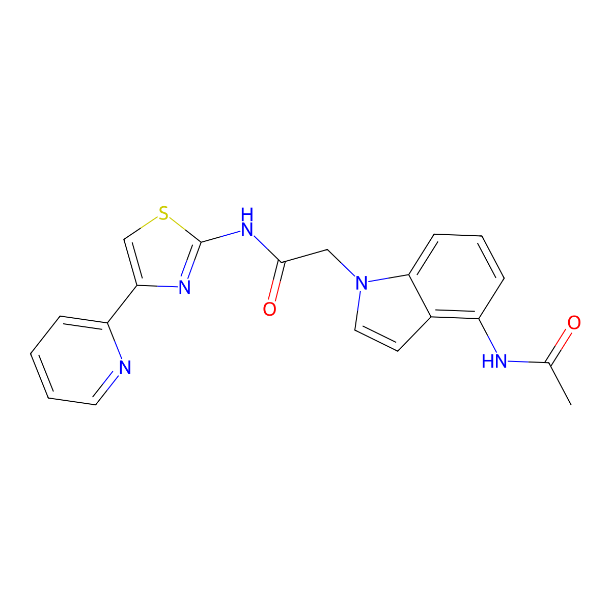 2-(4-acetamido-1H-indol-1-yl)-N-(4-(pyridin-2-yl)thiazol-2-yl)acetamide molecular structure, CAS 1574514-95-6