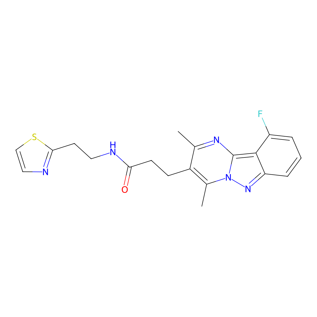 3-(10-fluoro-2,4-dimethylpyrimido[1,2-b]indazol-3-yl)-N-[2-(1,3-thiazol-2-yl)ethyl]propanamide molecular structure, CAS 1574515-00-6