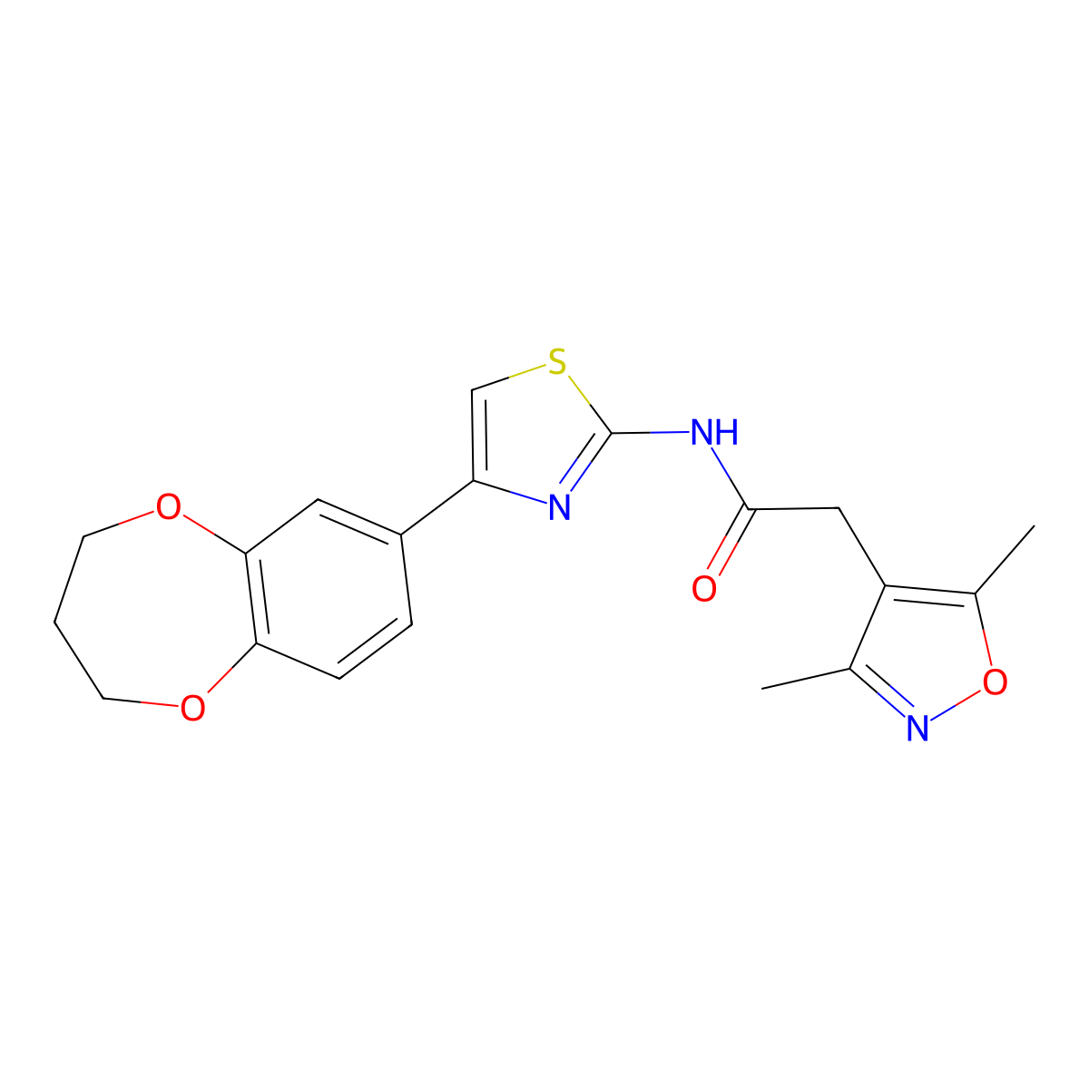 N-(4-(3,4-dihydro-2H-benzo[b][1,4]dioxepin-7-yl)thiazol-2-yl)-2-(3,5-dimethylisoxazol-4-yl)acetamide molecular structure, CAS 1574515-38-0