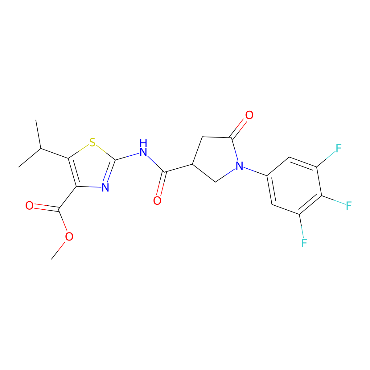 Methyl 2-({[5-oxo-1-(3,4,5-trifluorophenyl)pyrrolidin-3-yl]carbonyl}amino)-5-(propan-2-yl)-1,3-thiazole-4-carboxylate molecular structure, CAS 1574516-64-5