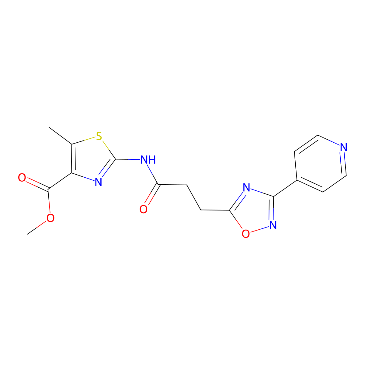 Methyl 5-methyl-2-({3-[3-(pyridin-4-yl)-1,2,4-oxadiazol-5-yl]propanoyl}amino)-1,3-thiazole-4-carboxylate molecular structure, CAS 1574516-71-4