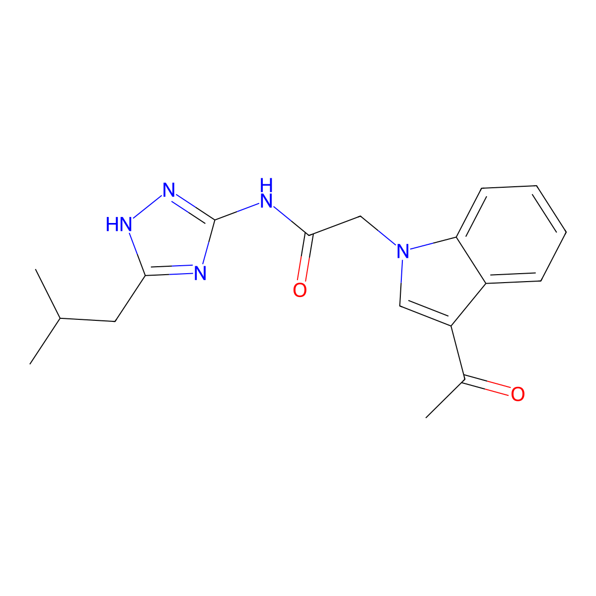2-(3-acetyl-1H-indol-1-yl)-N-[3-(2-methylpropyl)-1H-1,2,4-triazol-5-yl]acetamide molecular structure, CAS 1574517-27-3
