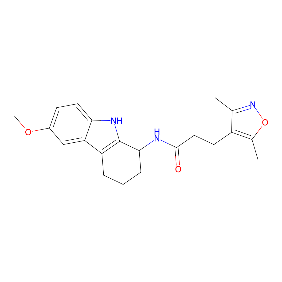 3-(3,5-dimethyl-1,2-oxazol-4-yl)-N-(6-methoxy-2,3,4,9-tetrahydro-1H-carbazol-1-yl)propanamide molecular structure, CAS 1574517-81-9