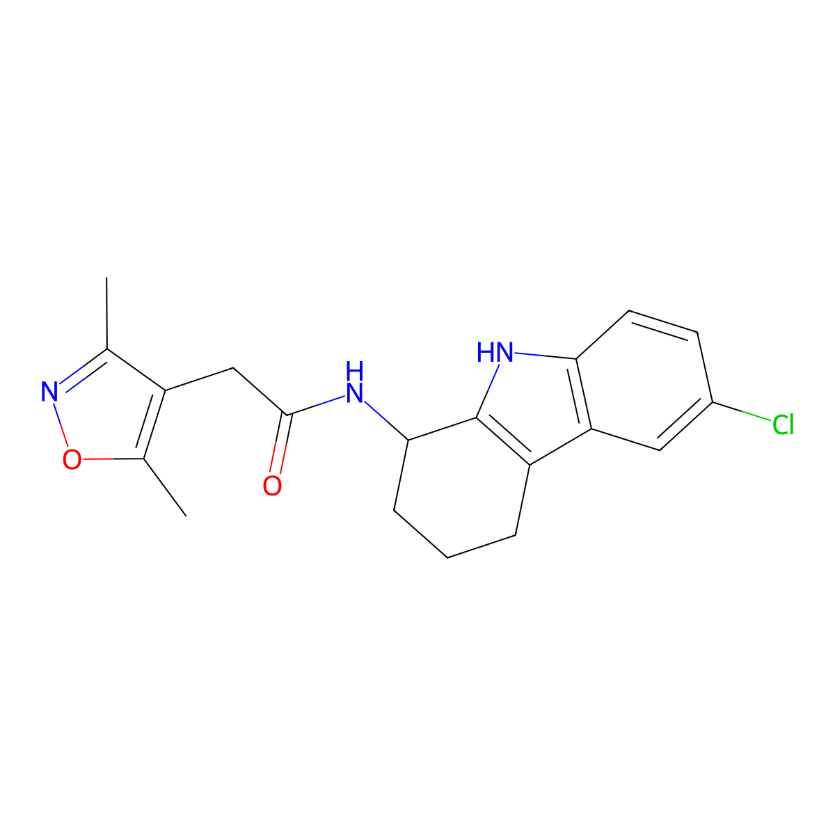 N-(6-chloro-2,3,4,9-tetrahydro-1H-carbazol-1-yl)-2-(3,5-dimethyl-1,2-oxazol-4-yl)acetamide molecular structure, CAS 1574518-20-9