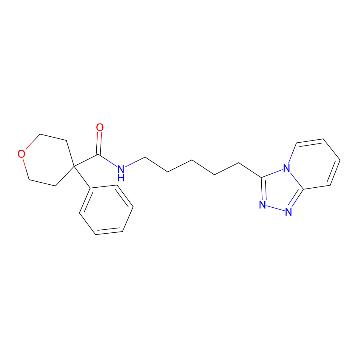 4-phenyl-N-[5-([1,2,4]triazolo[4,3-a]pyridin-3-yl)pentyl]tetrahydro-2H-pyran-4-carboxamide molecular structure, CAS 1574518-35-6
