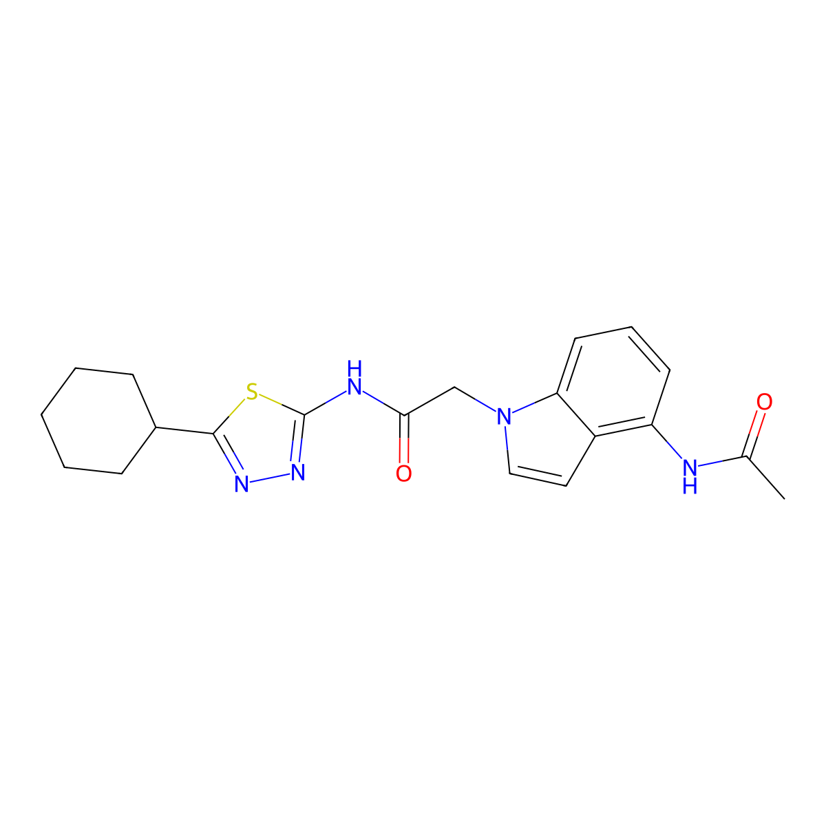 2-(4-acetamido-1H-indol-1-yl)-N-(5-cyclohexyl-1,3,4-thiadiazol-2-yl)acetamide molecular structure, CAS 1574527-81-3