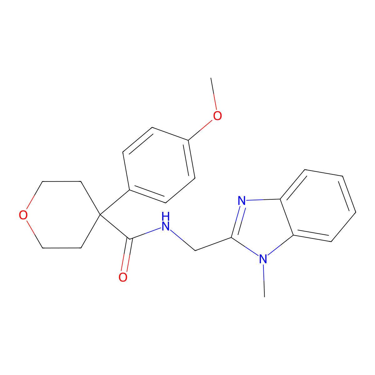 4-(4-methoxyphenyl)-N-[(1-methyl-1H-benzimidazol-2-yl)methyl]tetrahydro-2H-pyran-4-carboxamide molecular structure, CAS 1574527-83-5
