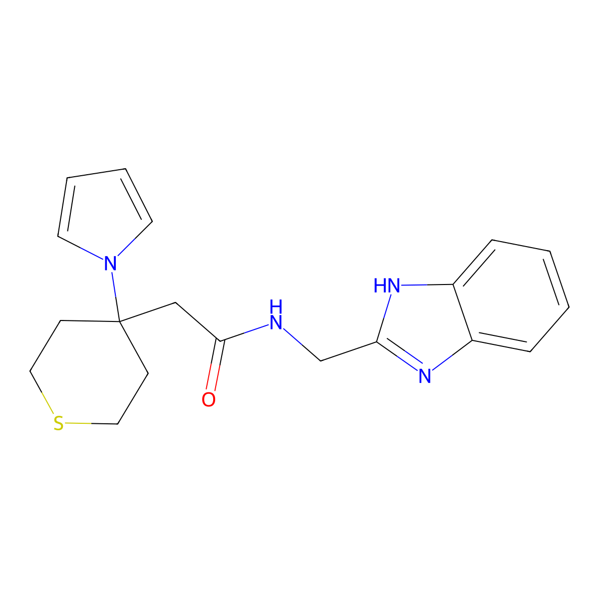 N-(1H-benzimidazol-2-ylmethyl)-2-[4-(1H-pyrrol-1-yl)tetrahydro-2H-thiopyran-4-yl]acetamide molecular structure, CAS 1574527-84-6