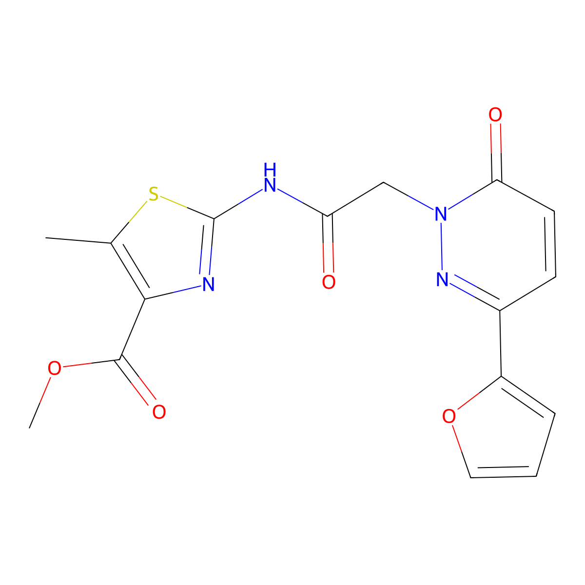 methyl 2-({[3-(furan-2-yl)-6-oxopyridazin-1(6H)-yl]acetyl}amino)-5-methyl-1,3-thiazole-4-carboxylate molecular structure, CAS 1574527-94-8