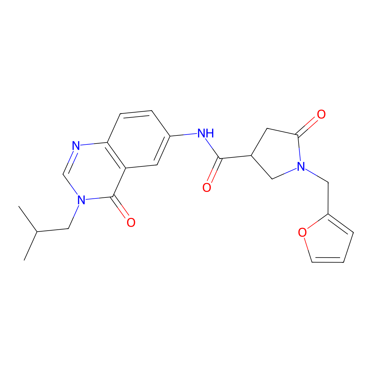 1-(furan-2-ylmethyl)-N-[3-(2-methylpropyl)-4-oxo-3,4-dihydroquinazolin-6-yl]-5-oxopyrrolidine-3-carboxamide molecular structure, CAS 1574528-24-7