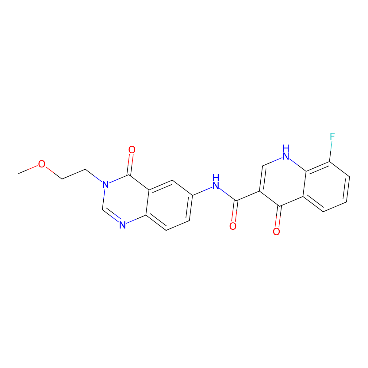 8-fluoro-4-hydroxy-N-(3-(2-methoxyethyl)-4-oxo-3,4-dihydroquinazolin-6-yl)quinoline-3-carboxamide molecular structure, CAS 1574528-27-0