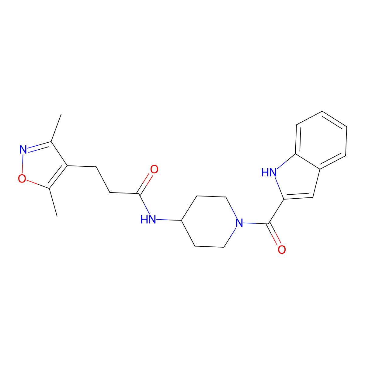 3-(3,5-dimethyl-1,2-oxazol-4-yl)-N-[1-(1H-indol-2-ylcarbonyl)piperidin-4-yl]propanamide molecular structure, CAS 1574528-53-2