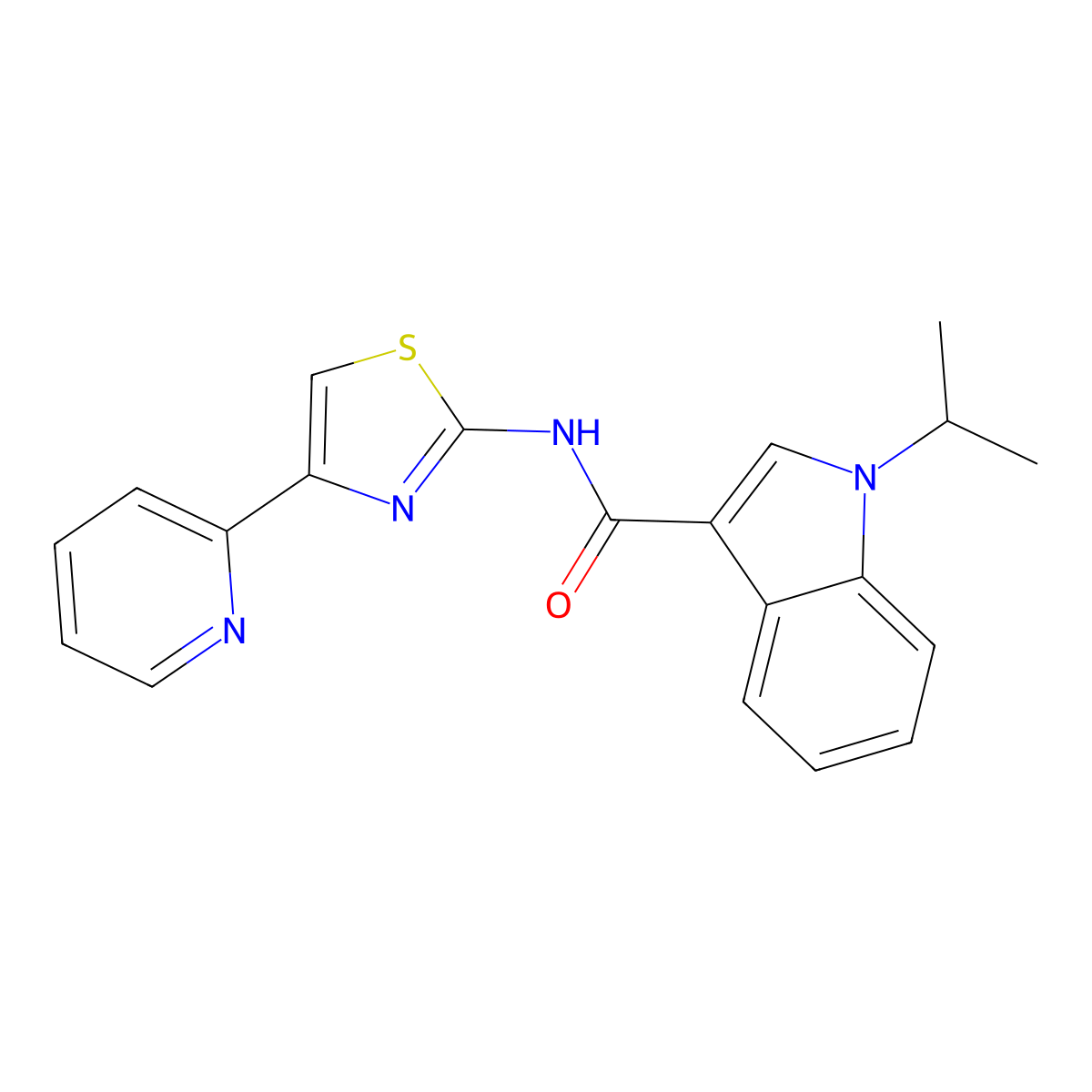 1-isopropyl-N-(4-(pyridin-2-yl)thiazol-2-yl)-1H-indole-3-carboxamide molecular structure, CAS 1574528-78-1