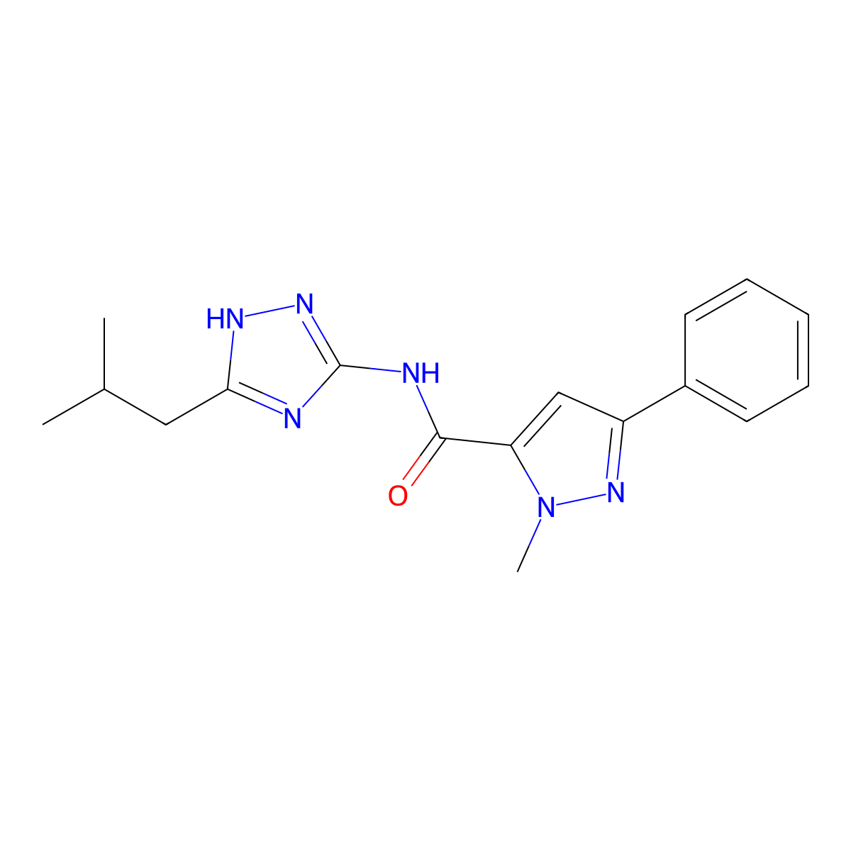 1-methyl-N-[3-(2-methylpropyl)-1H-1,2,4-triazol-5-yl]-3-phenyl-1H-pyrazole-5-carboxamide molecular structure, CAS 1574529-13-7