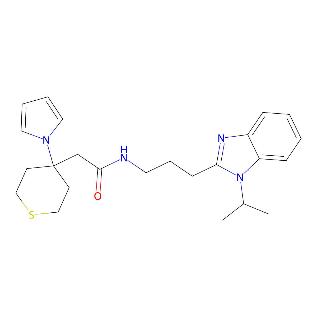 N-{3-[1-(propan-2-yl)-1H-benzimidazol-2-yl]propyl}-2-[4-(1H-pyrrol-1-yl)tetrahydro-2H-thiopyran-4-yl]acetamide molecular structure, CAS 1574529-83-1