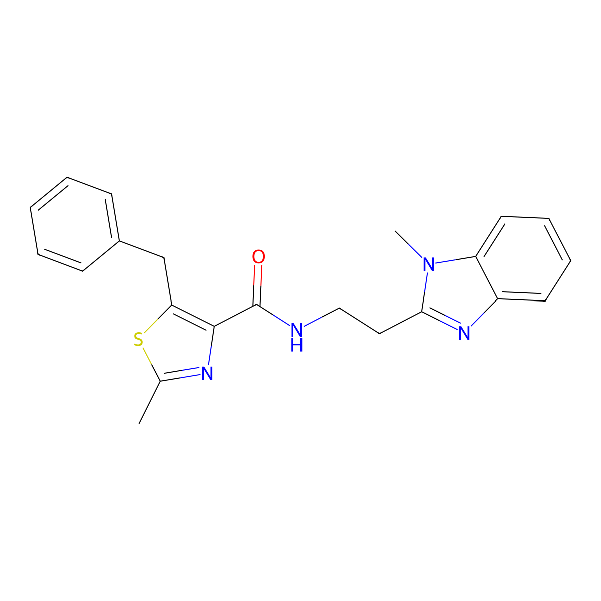 5-benzyl-2-methyl-N-[2-(1-methyl-1H-benzimidazol-2-yl)ethyl]-1,3-thiazole-4-carboxamide molecular structure, CAS 1574530-92-9