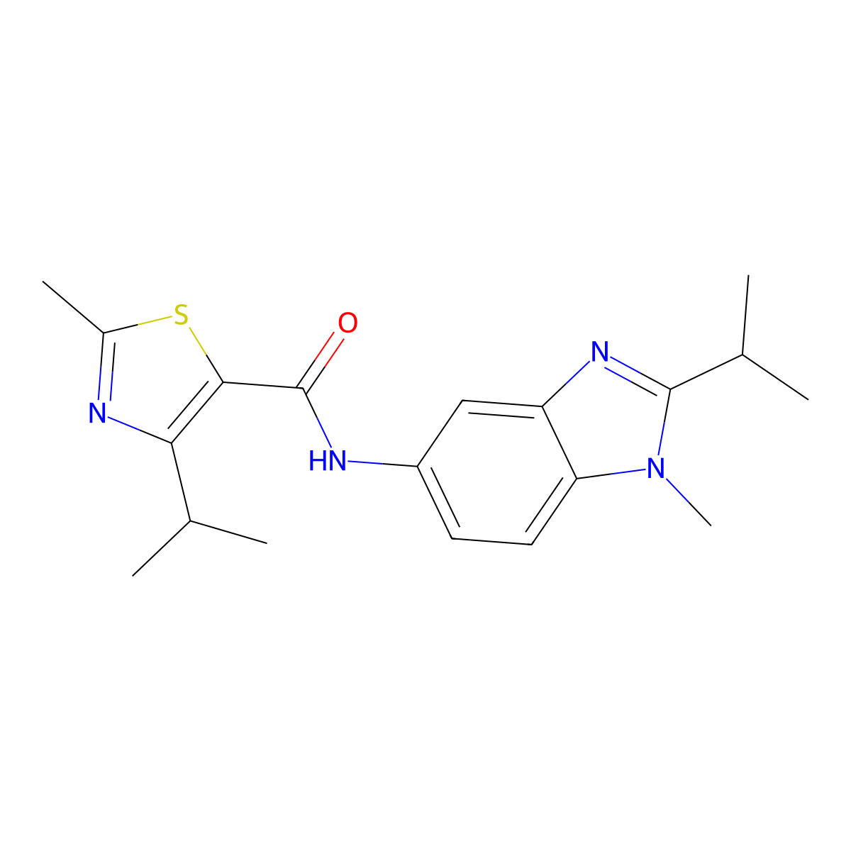 2-methyl-N-[1-methyl-2-(propan-2-yl)-1H-benzimidazol-5-yl]-4-(propan-2-yl)-1,3-thiazole-5-carboxamide molecular structure, CAS 1574531-65-9