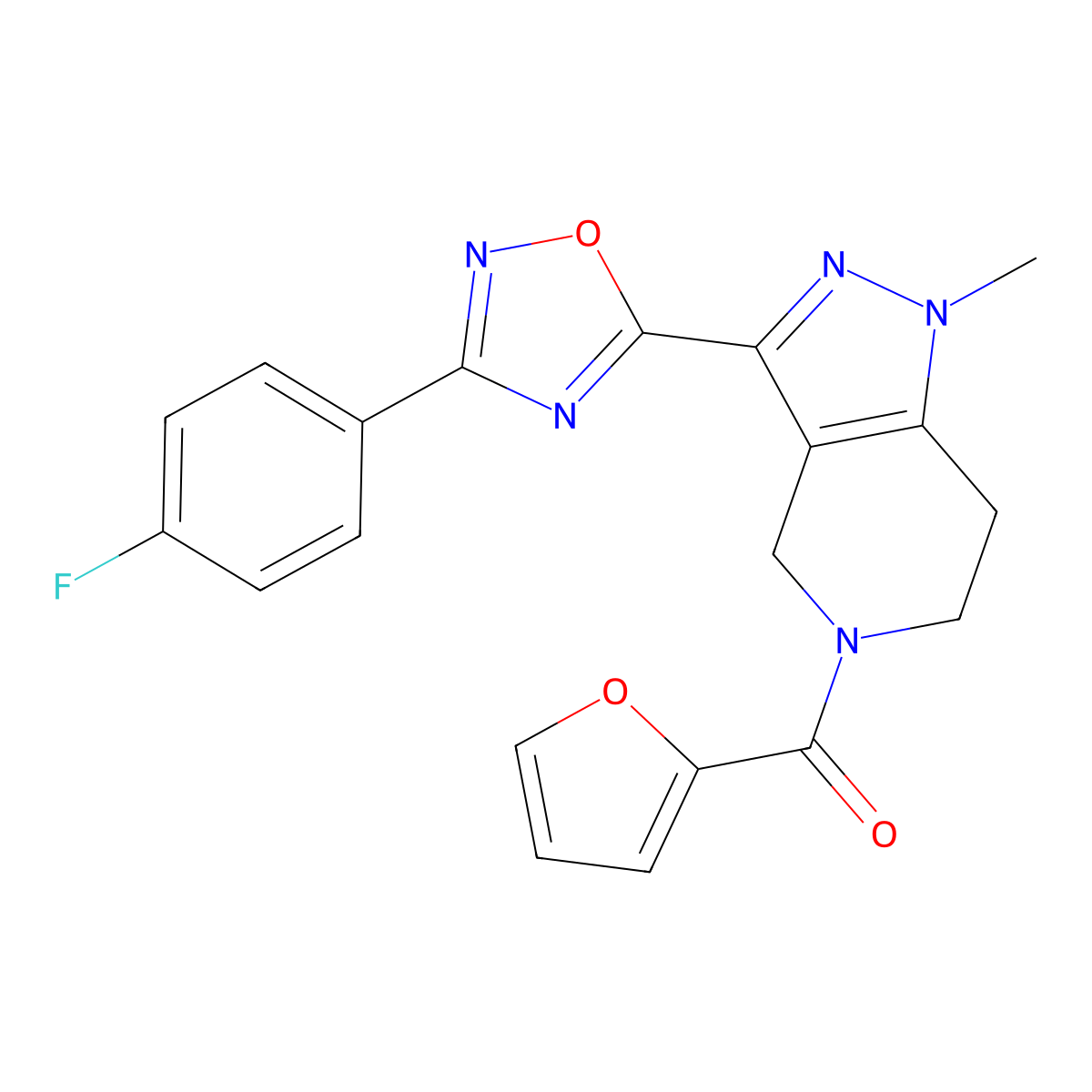 {3-[3-(4-fluorophenyl)-1,2,4-oxadiazol-5-yl]-1-methyl-1,4,6,7-tetrahydro-5H-pyrazolo[4,3-c]pyridin-5-yl}(2-furyl)methanone molecular structure, CAS 1574576-96-7