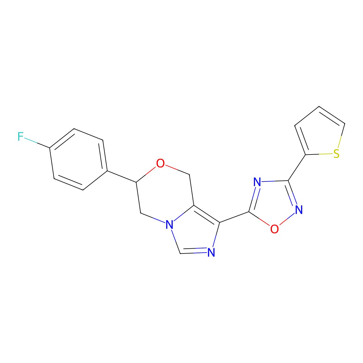5-[6-(4-Fluorophenyl)-5H,6H,8H-imidazo[4,3-C][1,4]oxazin-1-YL]-3-(thiophen-2-YL)-1,2,4-oxadiazole molecular structure, CAS 1574580-20-3