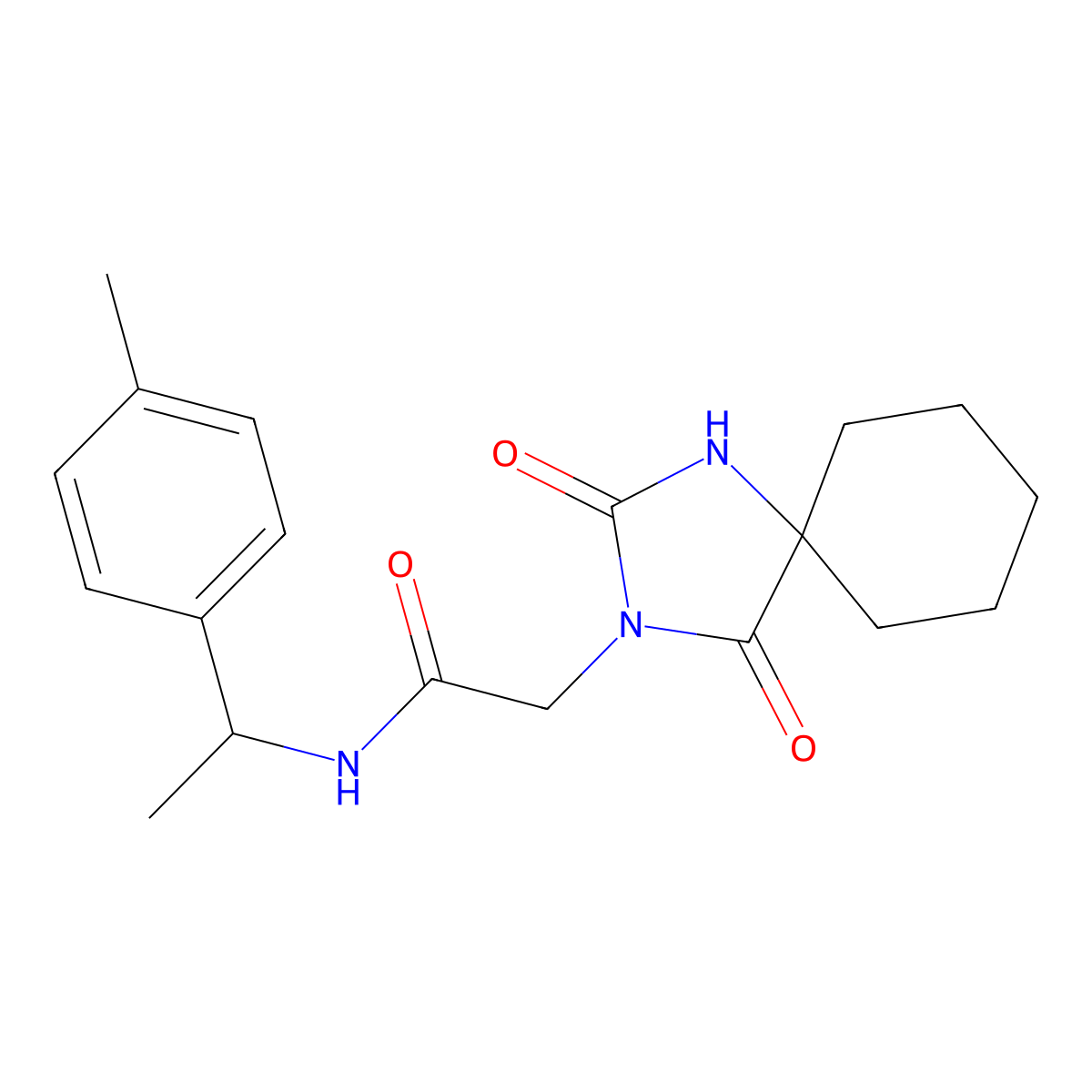 2-(2,4-dioxo-1,3-diazaspiro[4.5]dec-3-yl)-N-[1-(4-methylphenyl)ethyl]acetamide molecular structure, CAS 1574586-95-0