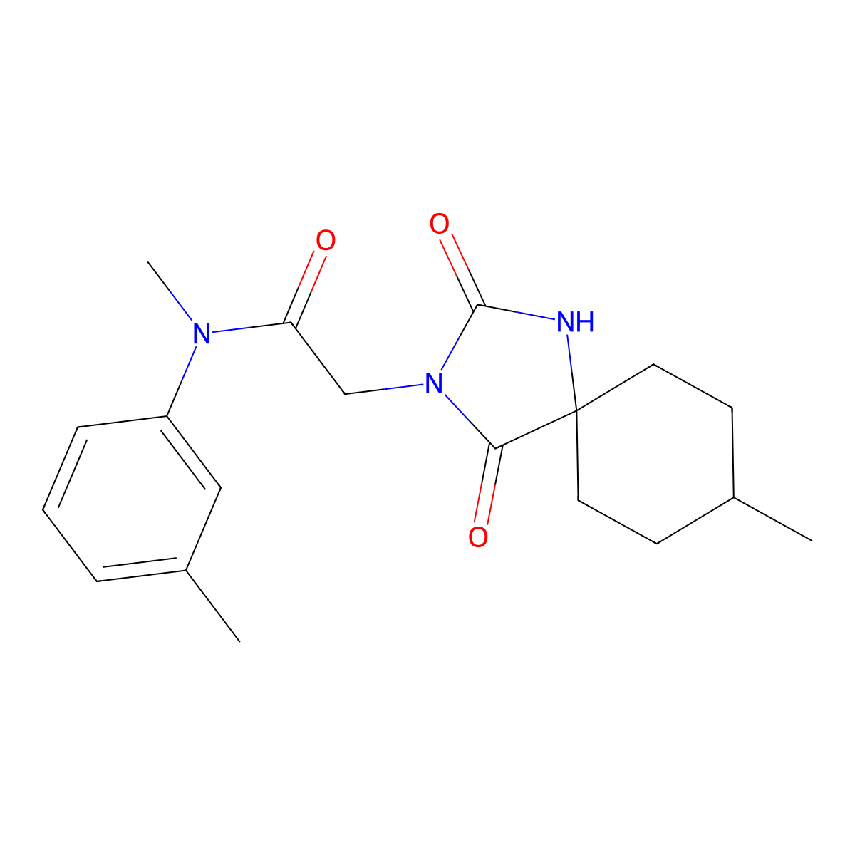 N-methyl-2-(8-methyl-2,4-dioxo-1,3-diazaspiro[4.5]dec-3-yl)-N-(3-methylphenyl)acetamide molecular structure, CAS 1574595-14-4