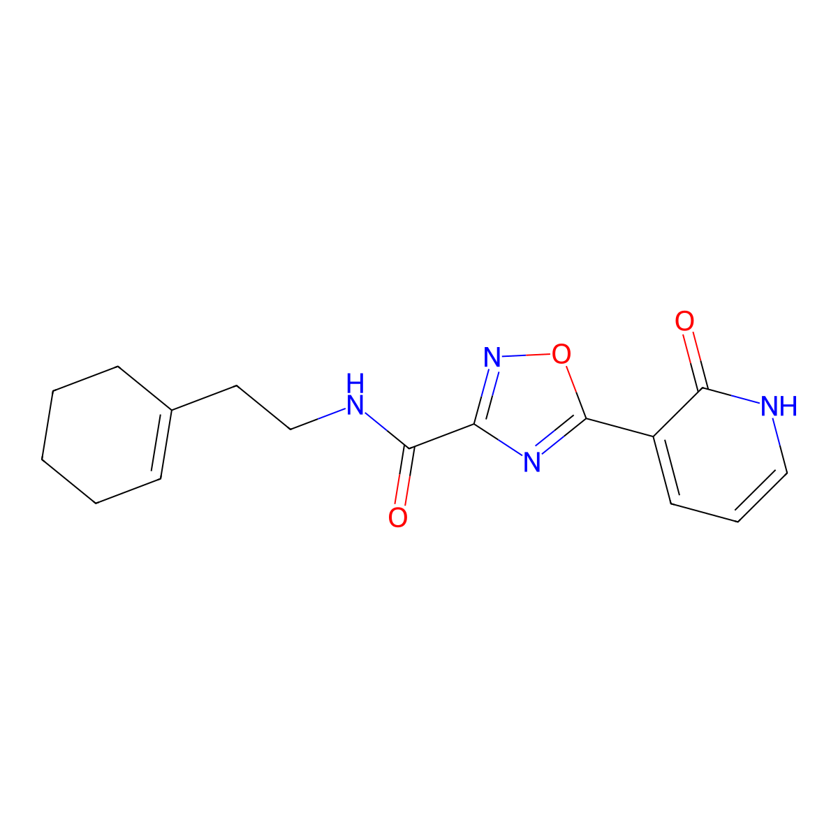 N-(2-cyclohex-1-en-1-ylethyl)-5-(2-oxo-1,2-dihydropyridin-3-yl)-1,2,4-oxadiazole-3-carboxamide molecular structure, CAS 1574598-60-9