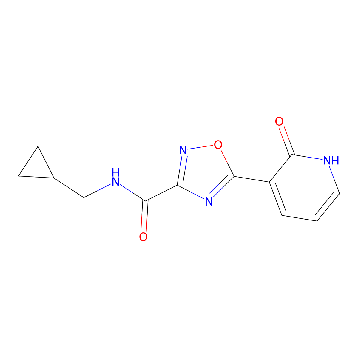 N-(cyclopropylmethyl)-5-(2-oxo-1,2-dihydropyridin-3-yl)-1,2,4-oxadiazole-3-carboxamide molecular structure, CAS 1574602-02-0