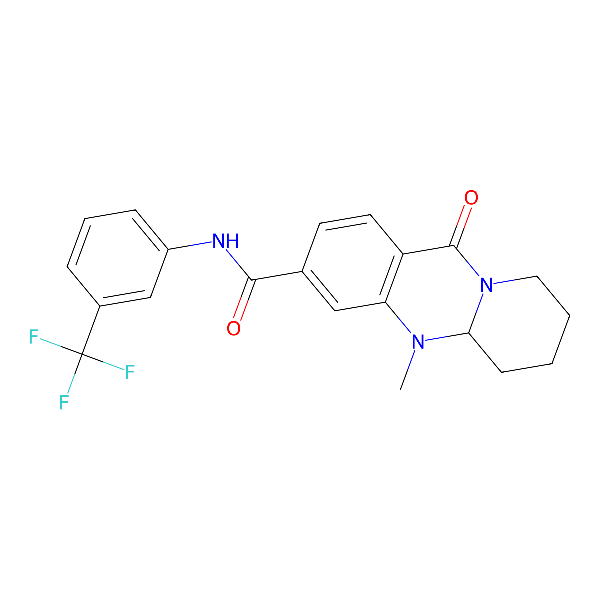 5-methyl-11-oxo-N-[3-(trifluoromethyl)phenyl]-5,6,7,8,9,11-hexahydro-5aH-pyrido[2,1-b]quinazoline-3-carboxamide molecular structure, CAS 1574605-57-4