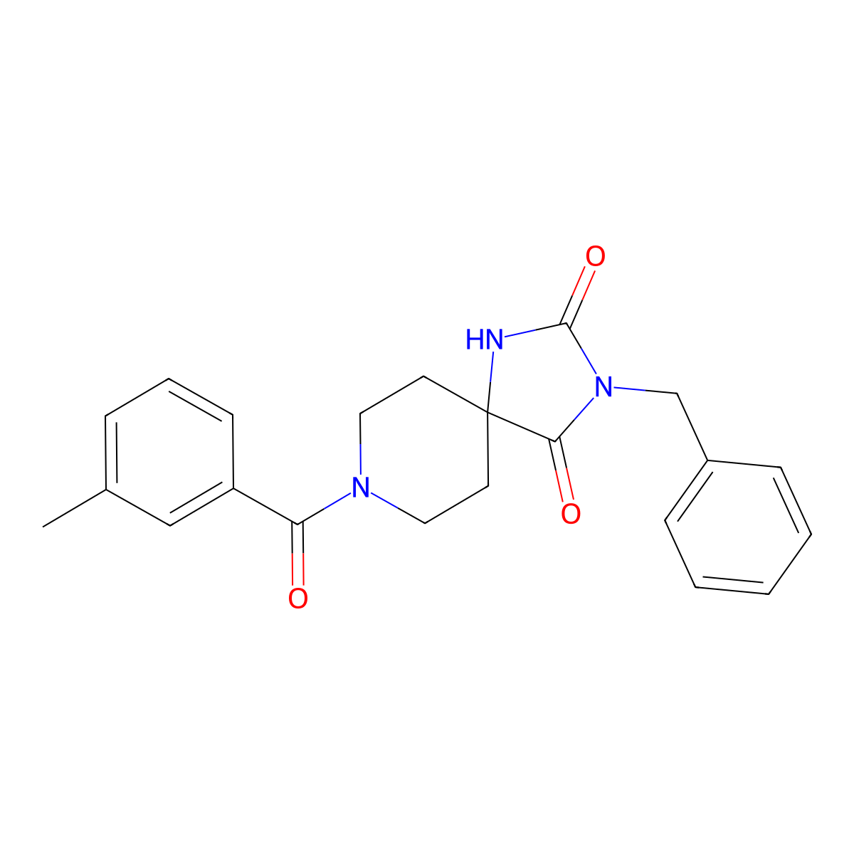 3-Benzyl-8-(3-methylbenzoyl)-1,3,8-triazaspiro[4.5]decane-2,4-dione molecular structure, CAS 1574612-90-0