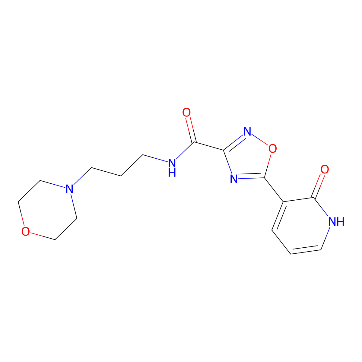N-(3-morpholin-4-ylpropyl)-5-(2-oxo-1,2-dihydropyridin-3-yl)-1,2,4-oxadiazole-3-carboxamide molecular structure, CAS 1574621-99-0