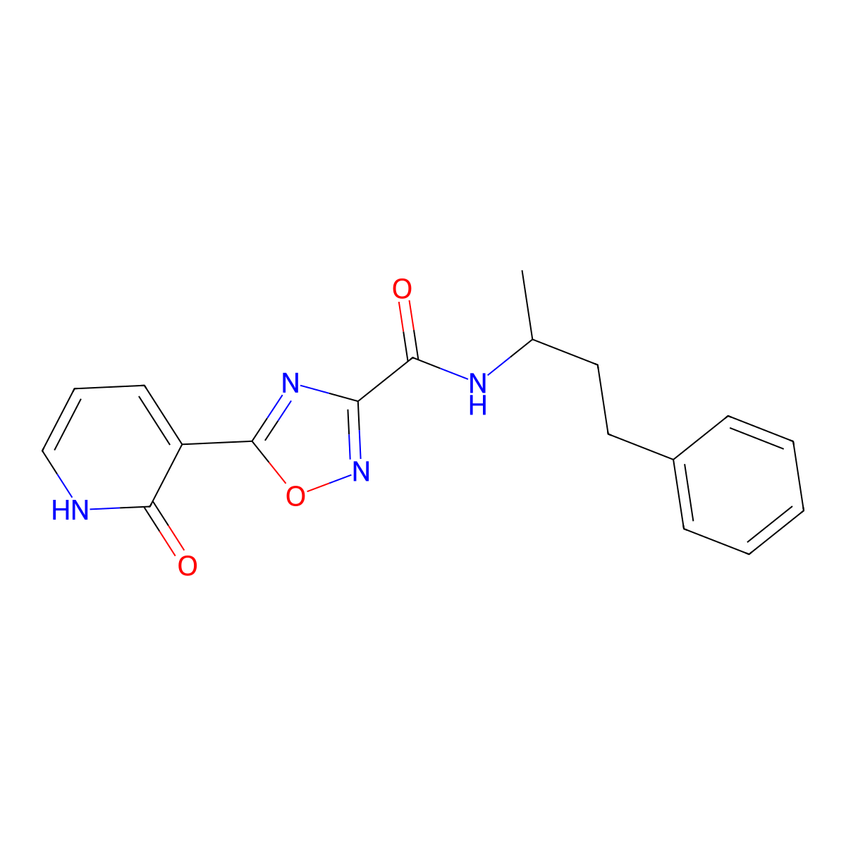 N-(1-methyl-3-phenylpropyl)-5-(2-oxo-1,2-dihydro-3-pyridinyl)-1,2,4-oxadiazole-3-carboxamide molecular structure, CAS 1574637-64-1