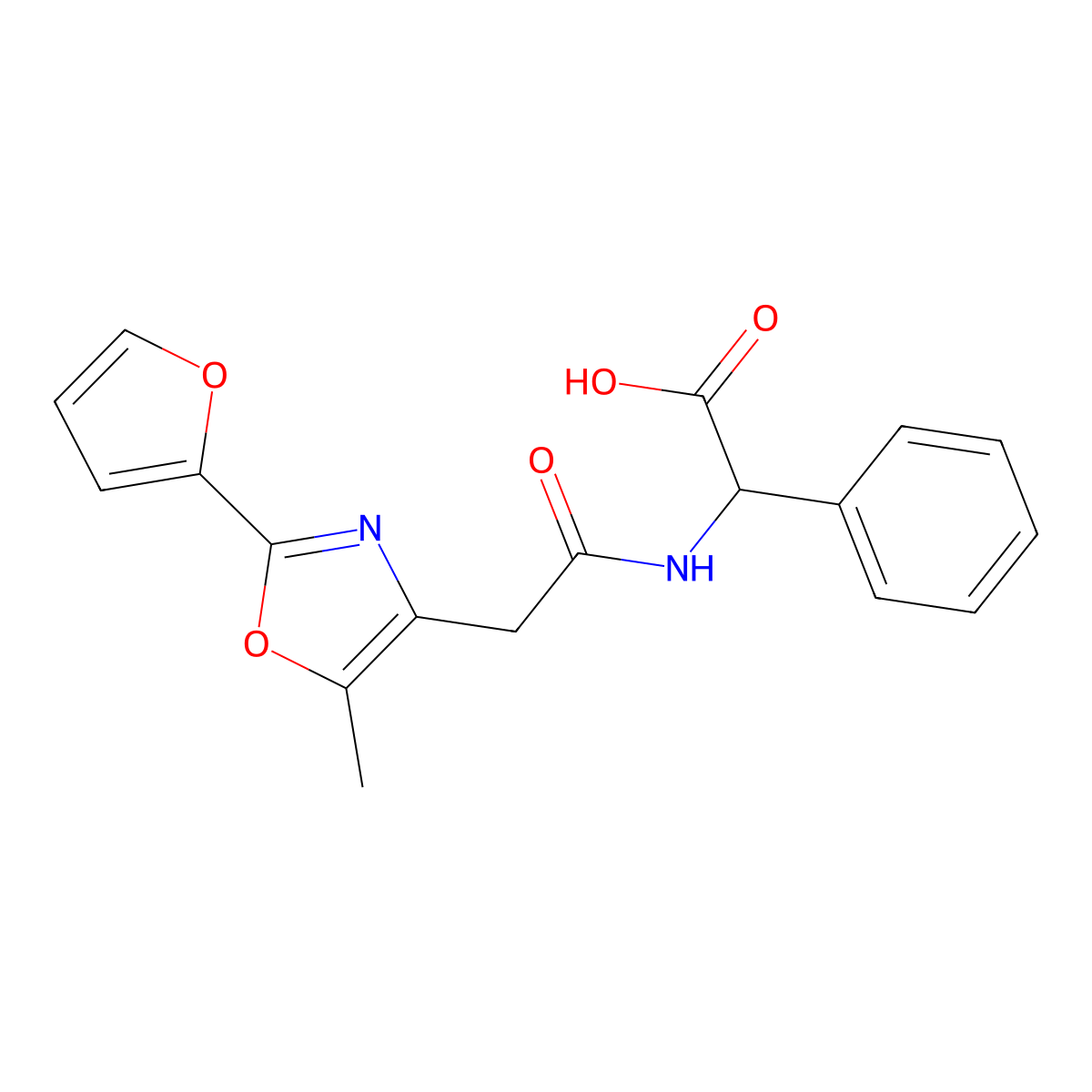 2-[[2-[2-(Furan-2-yl)-5-methyl-1,3-oxazol-4-yl]acetyl]amino]-2-phenylacetic acid molecular structure, CAS 1575231-34-3