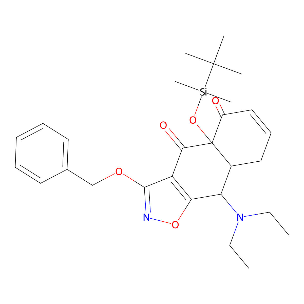 Naphth[2,3-d]isoxazole-4,5(4aH,8H)-dione, 9-(diethylamino)-4a-[[(1,1-dimethylethyl)dimethylsilyl]oxy]-8a,9-dihydro-3-(phenylmethoxy)-, (4aS,8aS,9S)- molecular structure, CAS 1575491-01-8