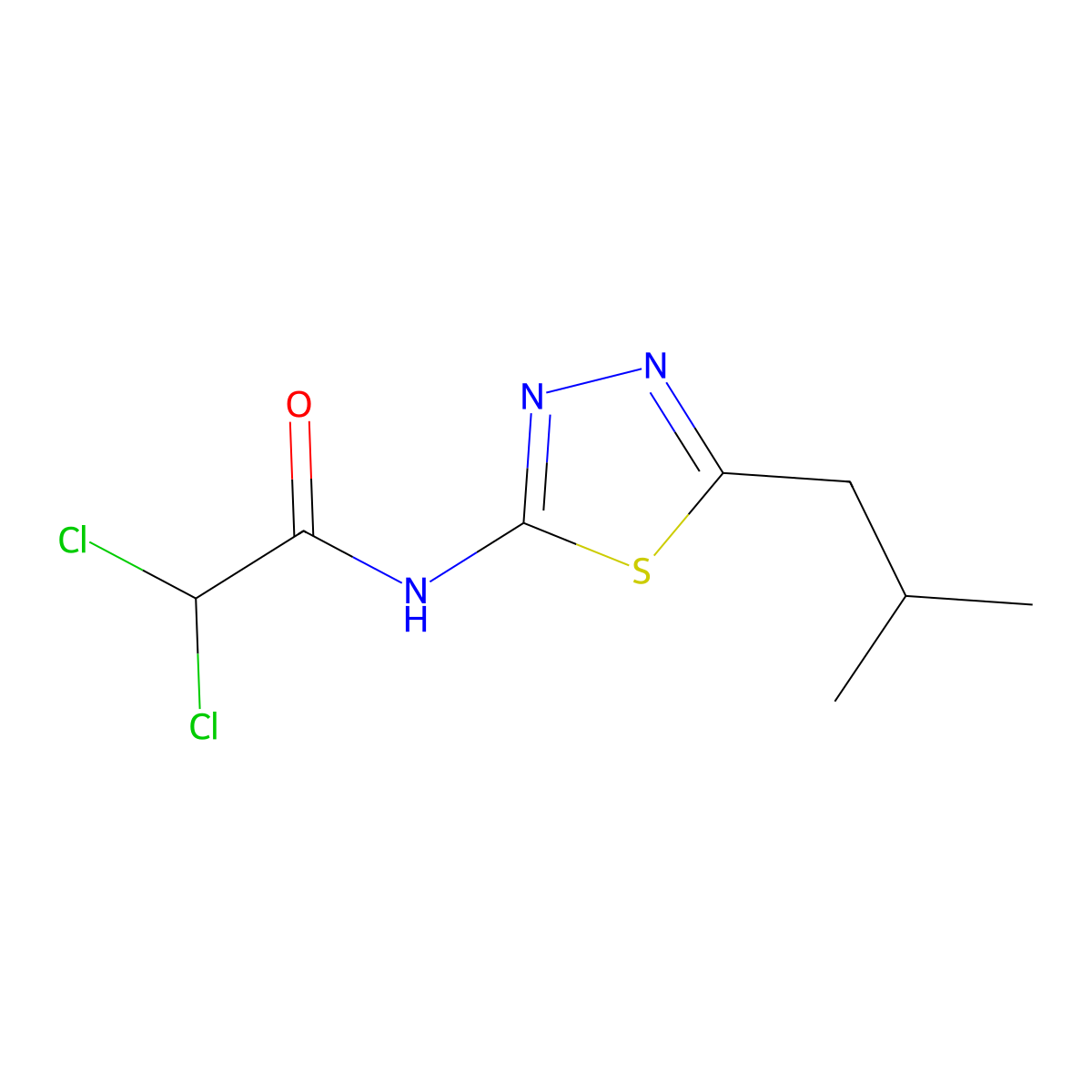 2,2-dichloro-N-[5-(2-methylpropyl)-1,3,4-thiadiazol-2-yl]acetamide molecular structure, CAS 15777-47-6