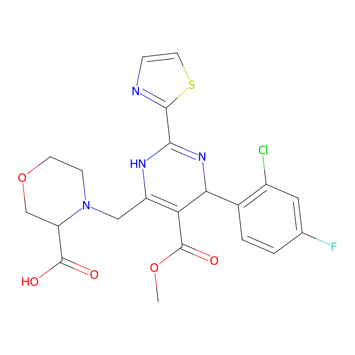 (3S)-4-[[(4R)-4-(2-chloro-4-fluorophenyl)-5-methoxycarbonyl-2-(1,3-thiazol-2-yl)-1,4-dihydropyrimidin-6-yl]methyl]morpholine-3-carboxylic acid molecular structure, CAS 1578153-27-1