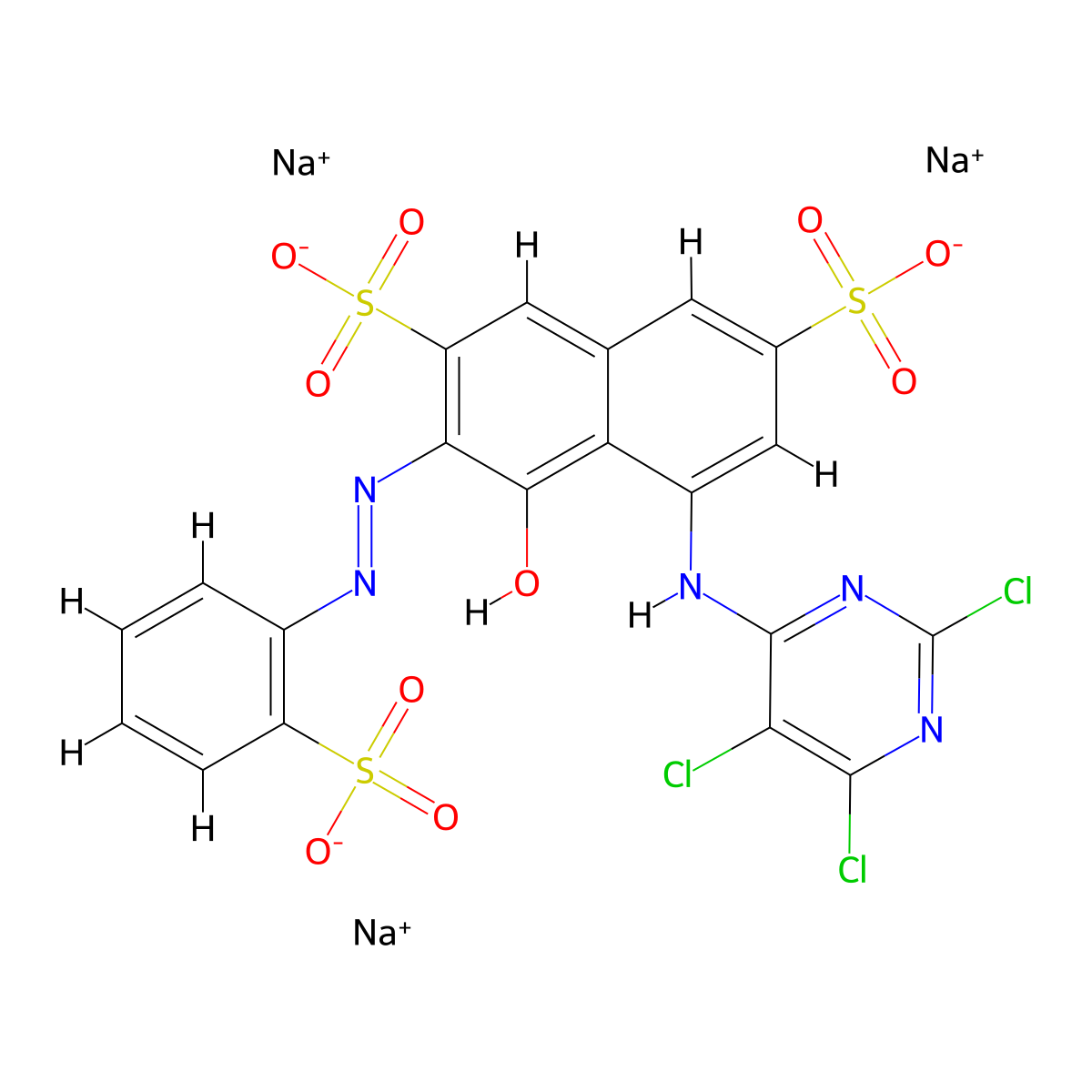 2,7-Naphthalenedisulfonic acid, 4-hydroxy-3-[2-(2-sulfophenyl)diazenyl]-5-[(2,5,6-trichloro-4-pyrimidinyl)amino]-, sodium salt (1:3) molecular structure, CAS 15792-41-3
